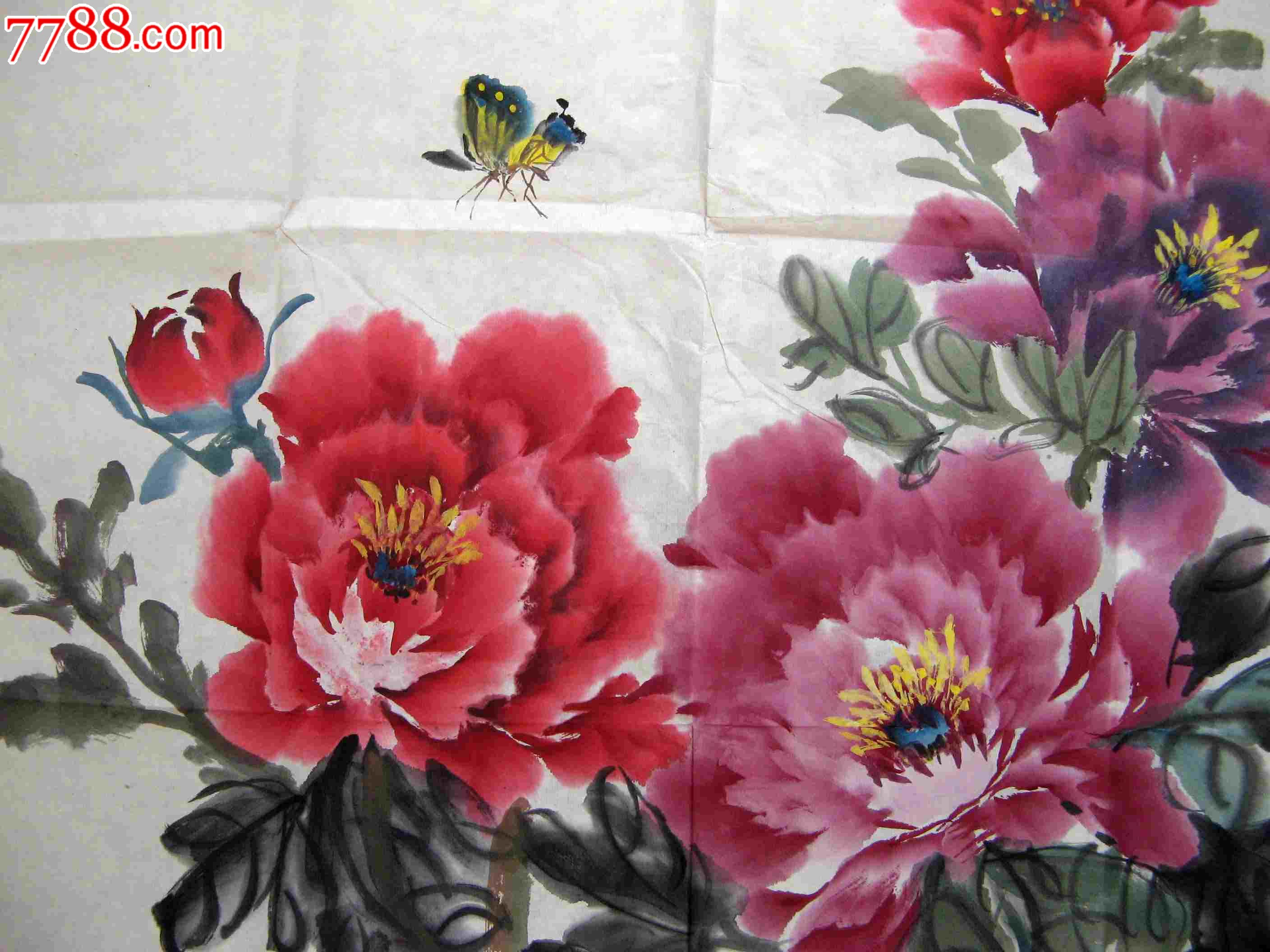 无款牡丹画:花香蝶舞_花鸟国画原作_作品欣赏_收藏价值_7788字画网