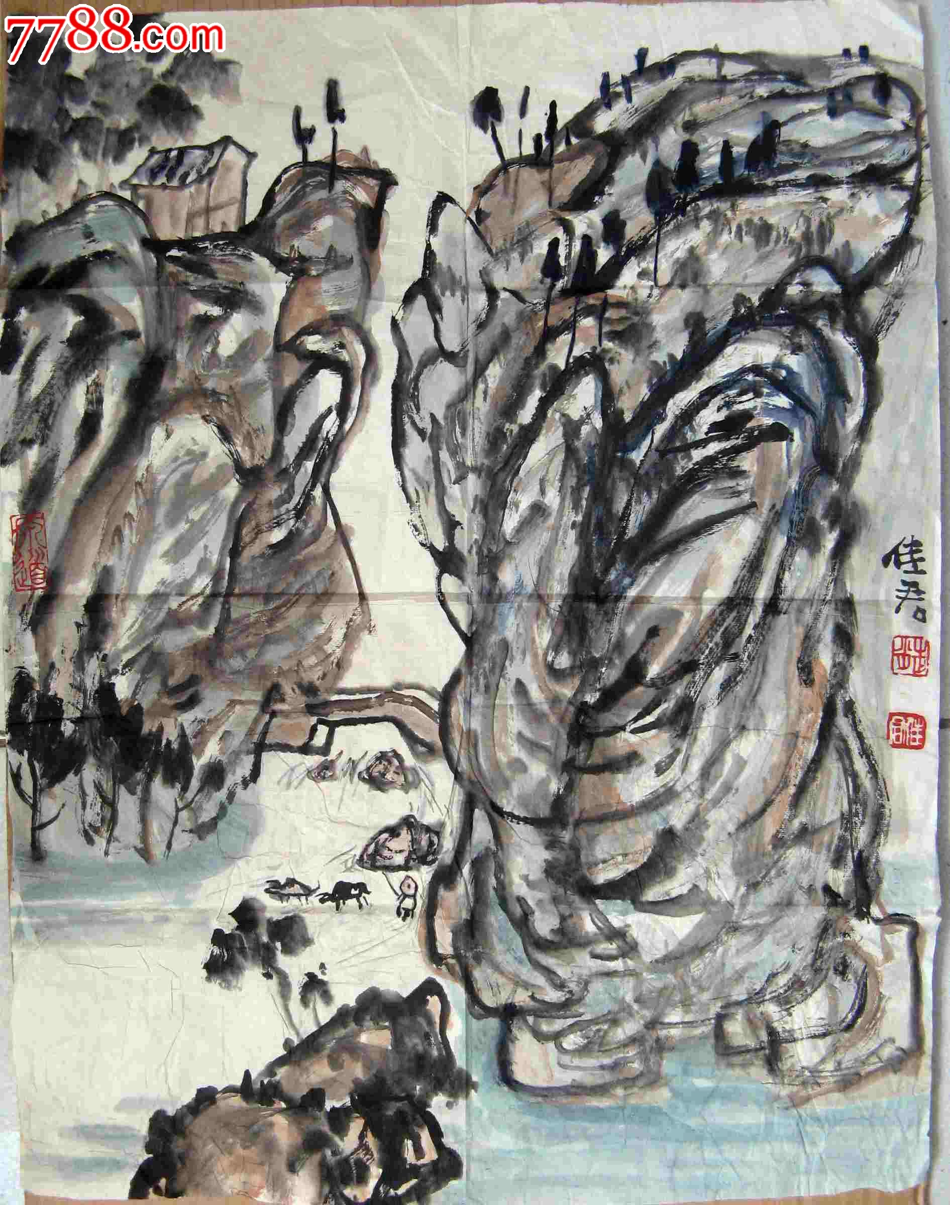 古朴浑厚的小四尺开三山水画:山村牧归