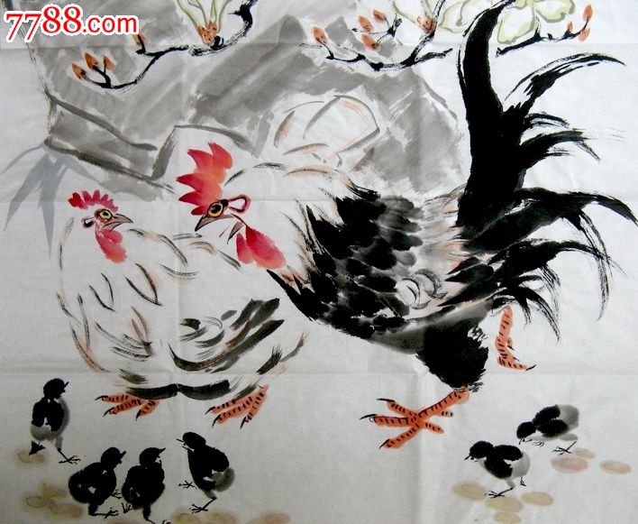 山东知名画家四尺条幅花鸟画《和睦家庭百事兴》-se17096402-花鸟国画