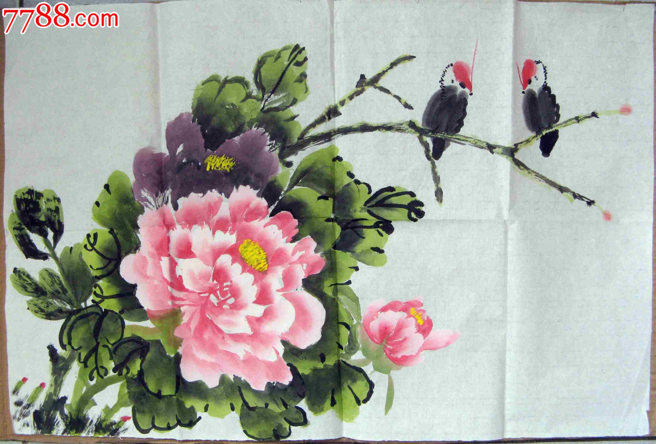 四尺开三条幅无款牡丹双鸟画