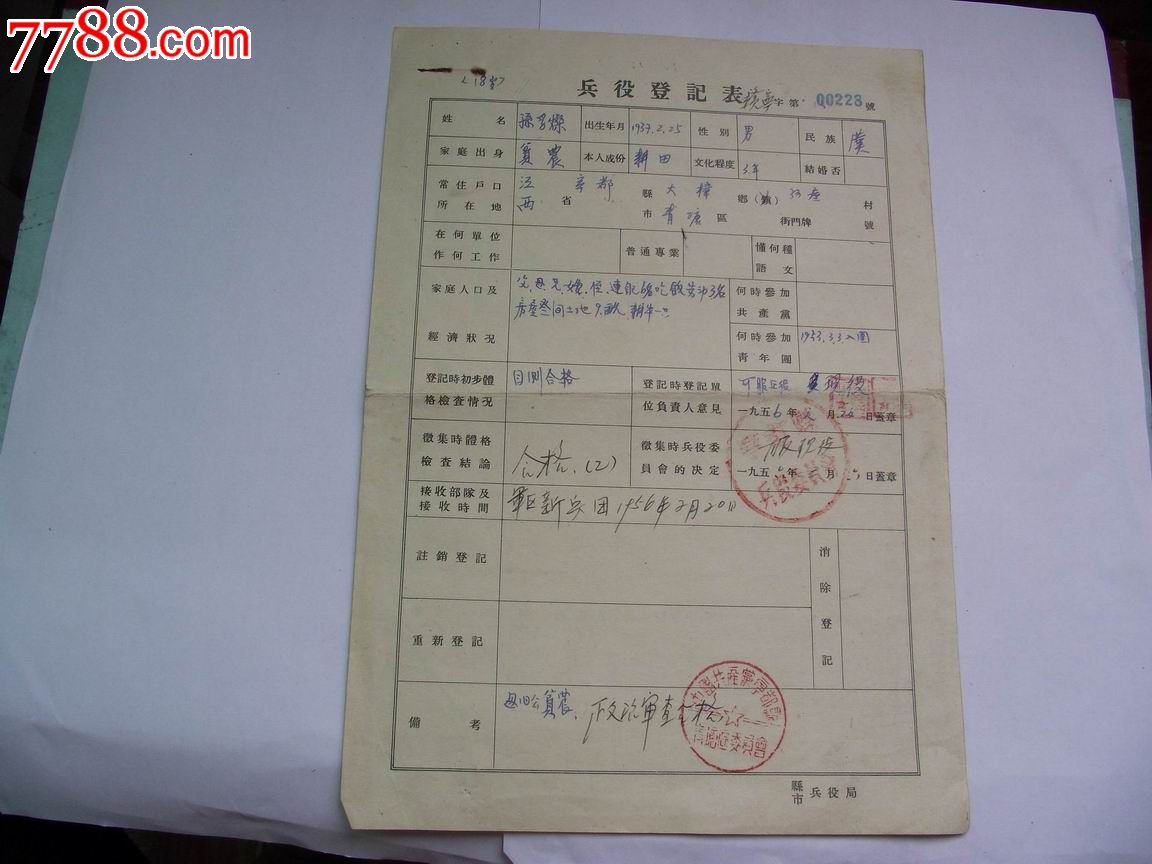 1990年入伍登记表图片