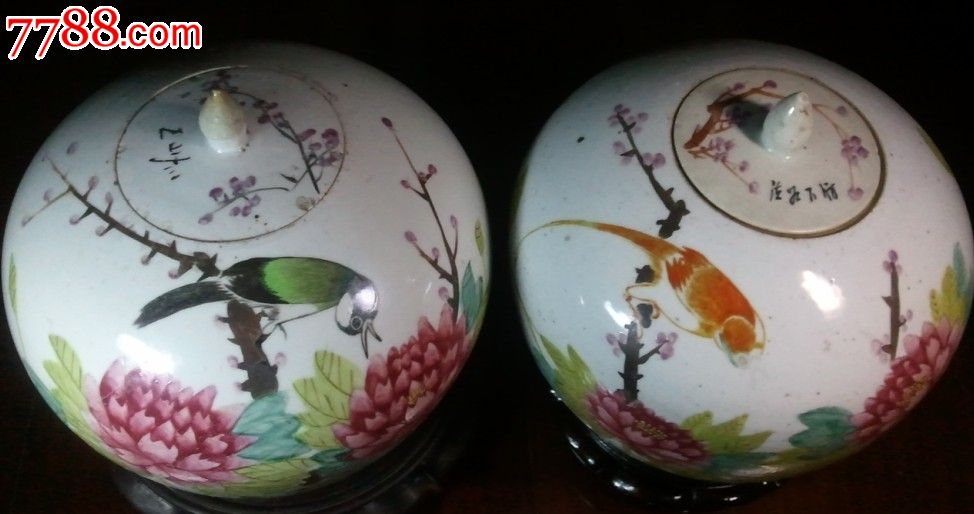 晚清民初名家王和太浅绛花鸟罐一顺对无盖