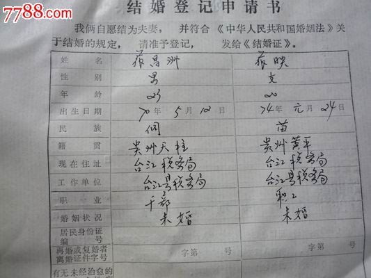 少数民族结婚登记申请书—带照片