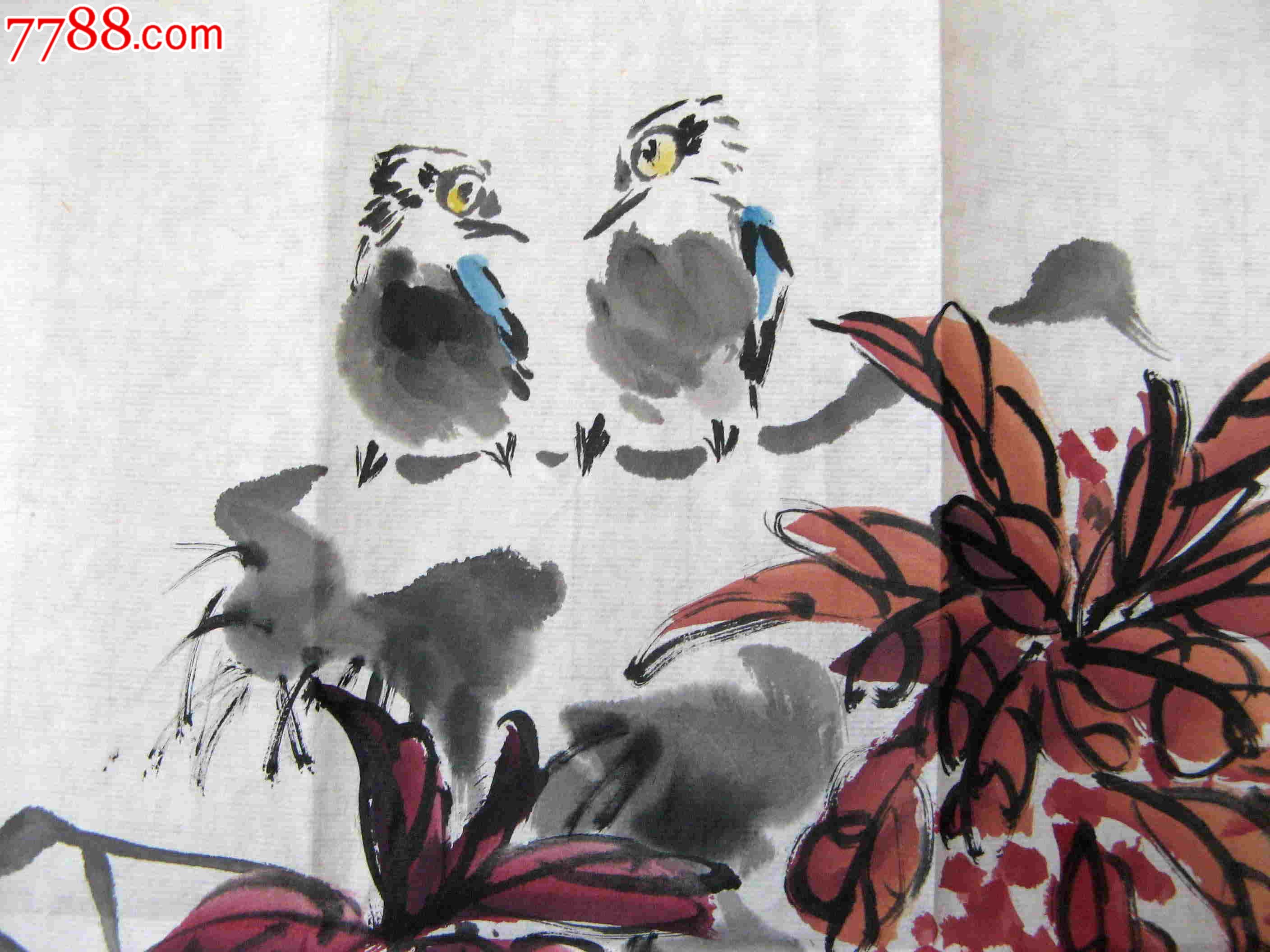 活泼清丽的尺余横幅花鸟画《两心相依意绵绵》-花鸟国画原作-7788书画