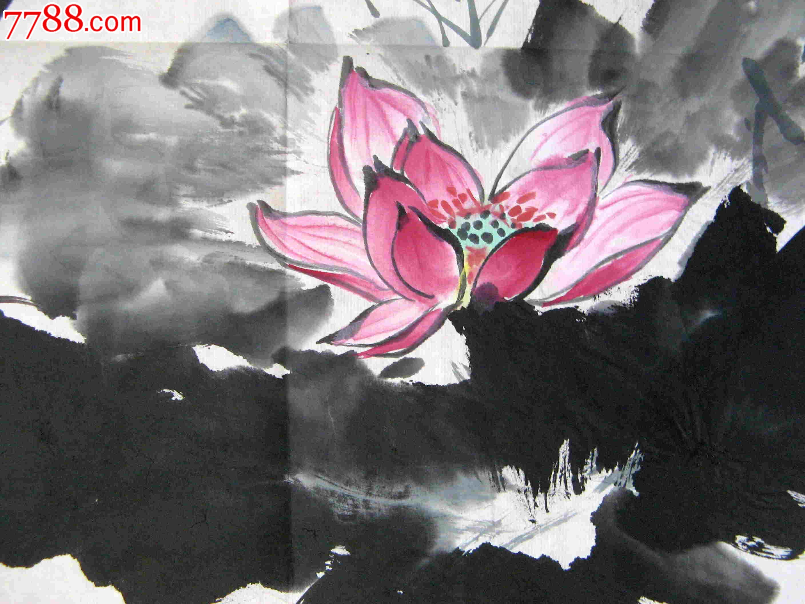 清雅秀丽的尺半条幅花卉画《荷》-花鸟国画原作--se17734791-零售