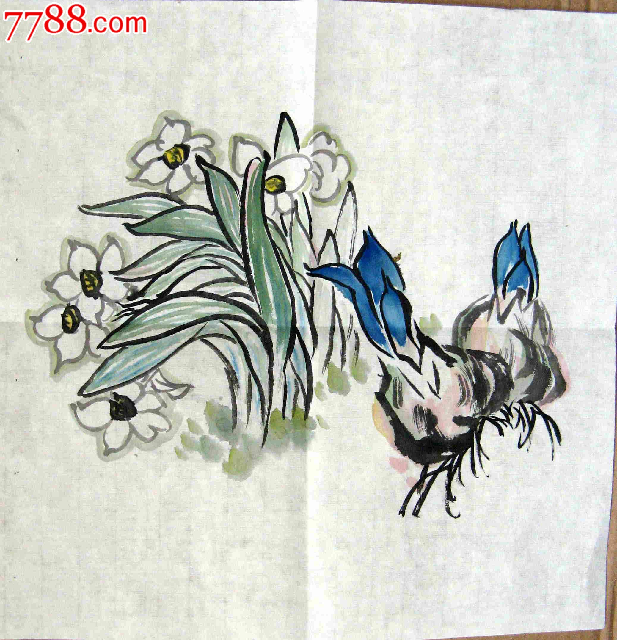 简洁洗练的一尺斗方无款花卉画:水仙花开-花鸟国画原作--se17762731