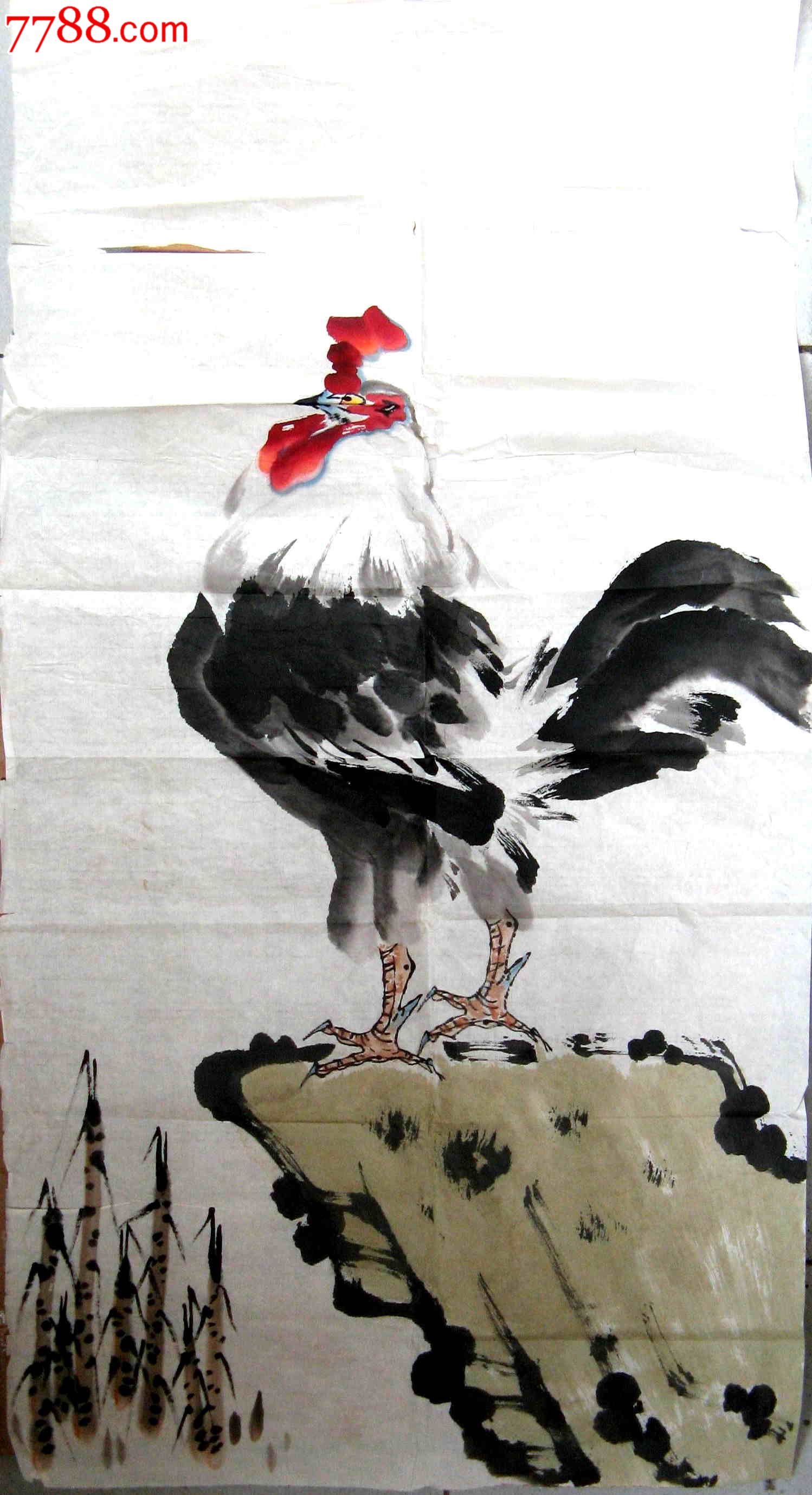 简洁生动的四尺条幅无款大鸡画:笑迎朝阳