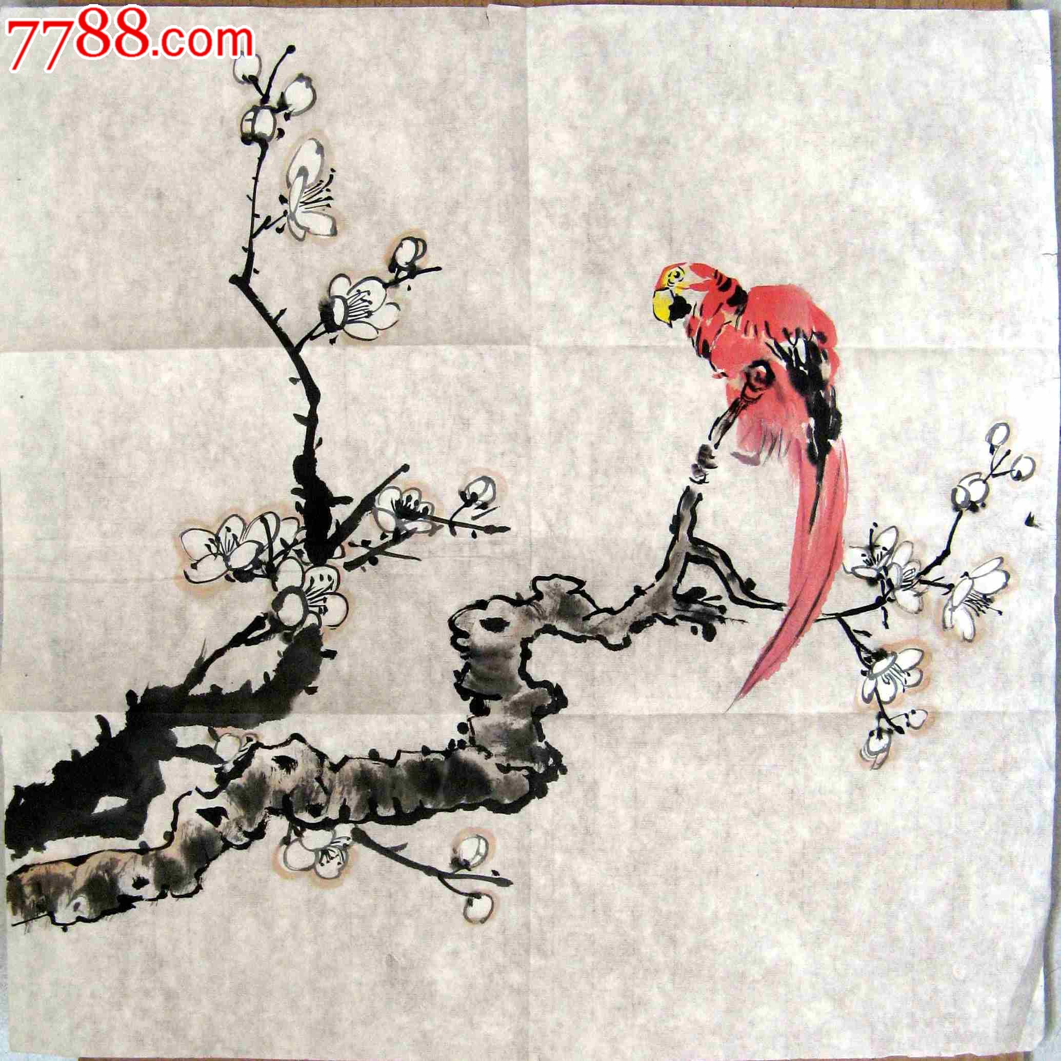 简洁传神的三尺斗方无款花鸟画:桃花鹦鹉-花鸟国画原作-se17876258