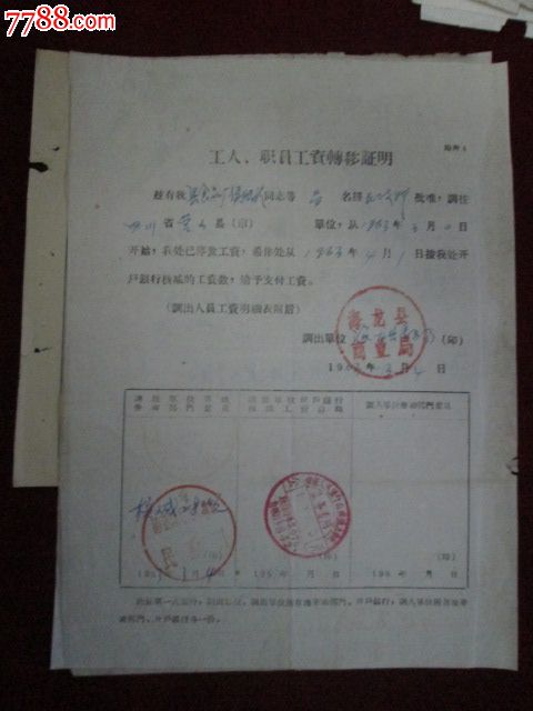 工人职工工资转移证明(3张工资转移证明;调出单位说明和介绍信存根)