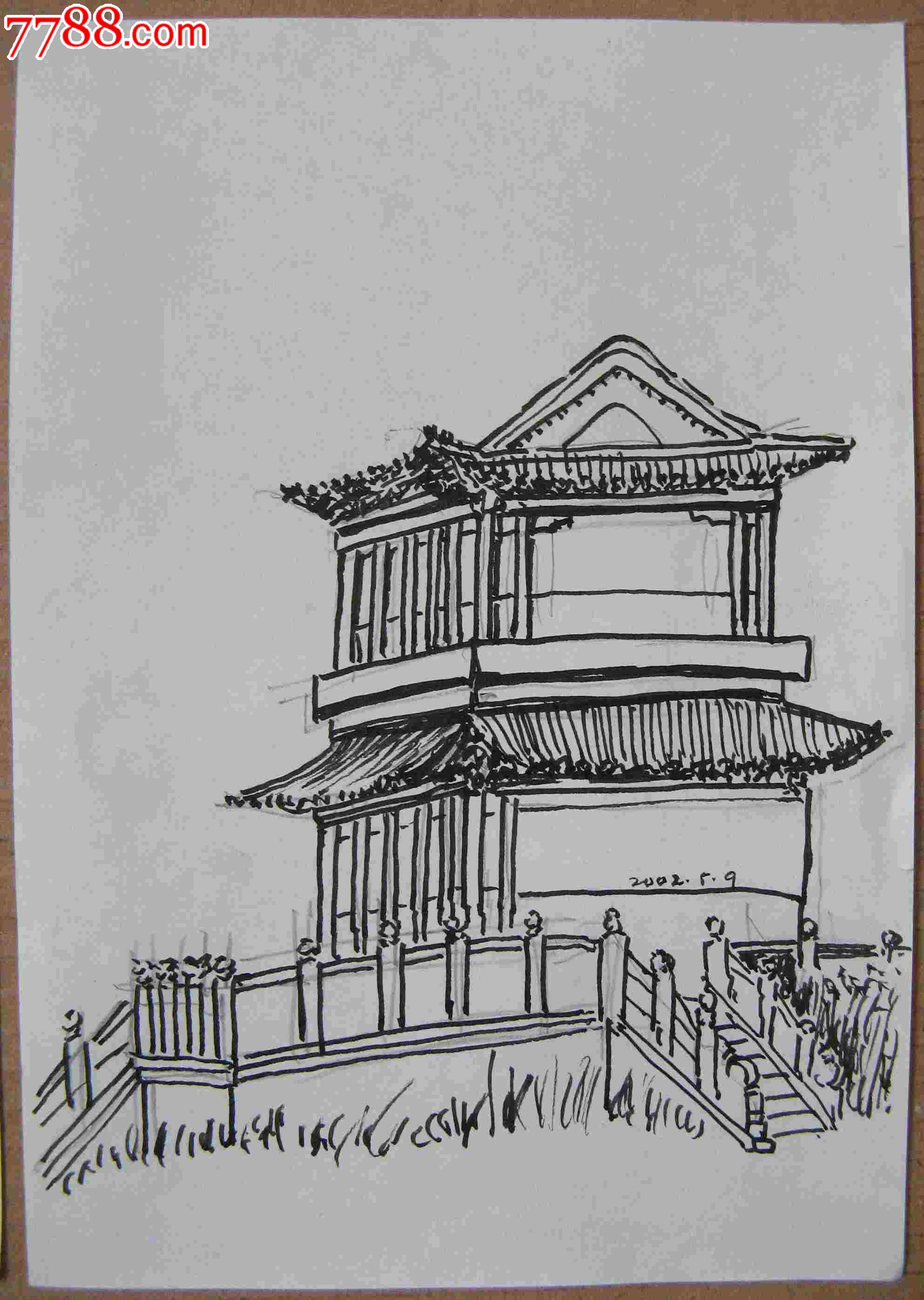 画家素描画稿楼阁建筑画3幅