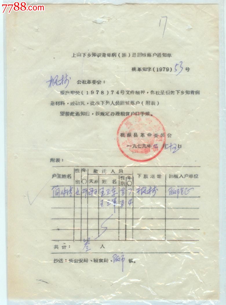 知青回城落户通知单