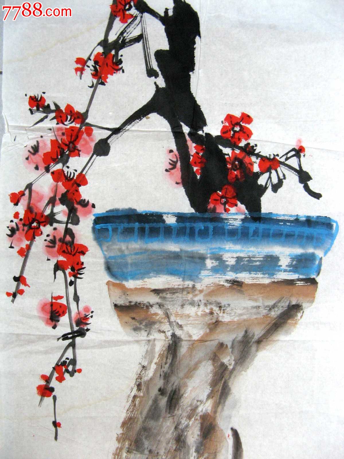 清雅韵致的三尺条幅无款梅花画:树根盆梅_花鸟国画原作_第2张_7788