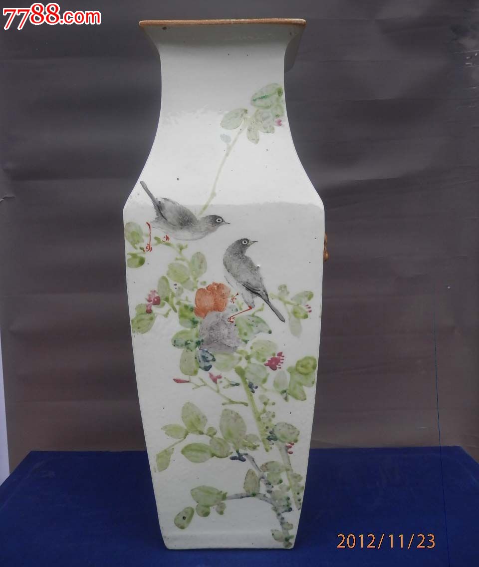 光绪浅绛名家(汪章)花鸟山水四方瓶_彩绘瓷/彩瓷_第1张_7788瓷器
