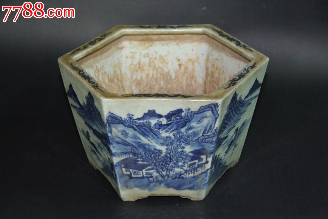 青花山水六棱花盆