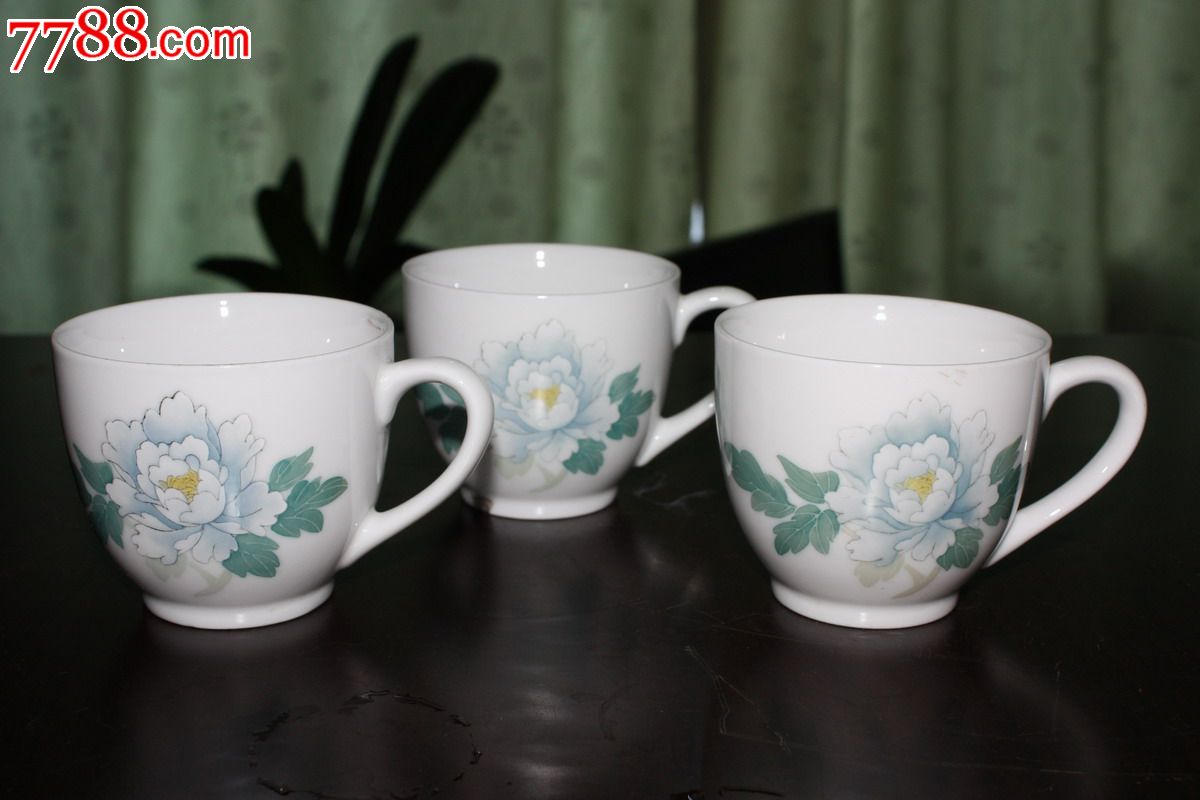 醴陵釉下彩手绘蓝牡丹大号莲子杯3个人民大会堂用瓷