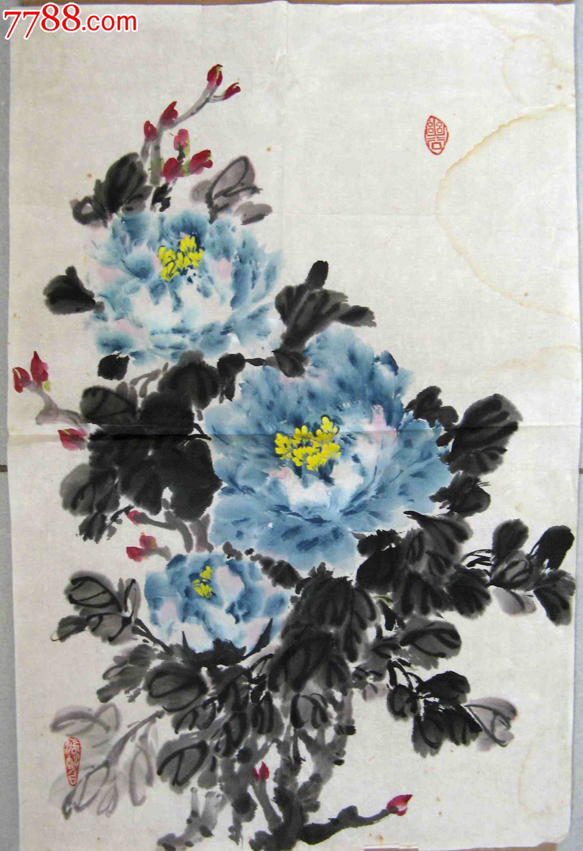 不错的四尺开三条幅牡丹画:国色天成_花鸟国画原作_作品欣赏_收藏价值