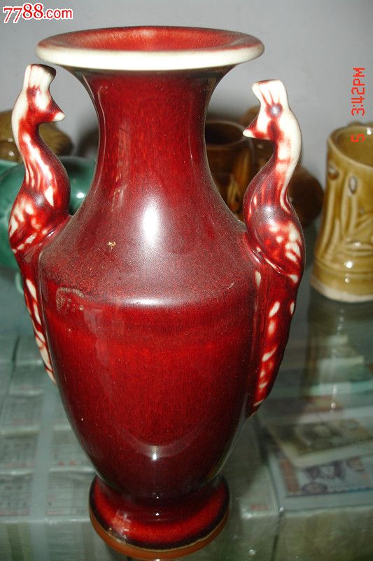 发发钧窑鸡血红釉双凤瓶