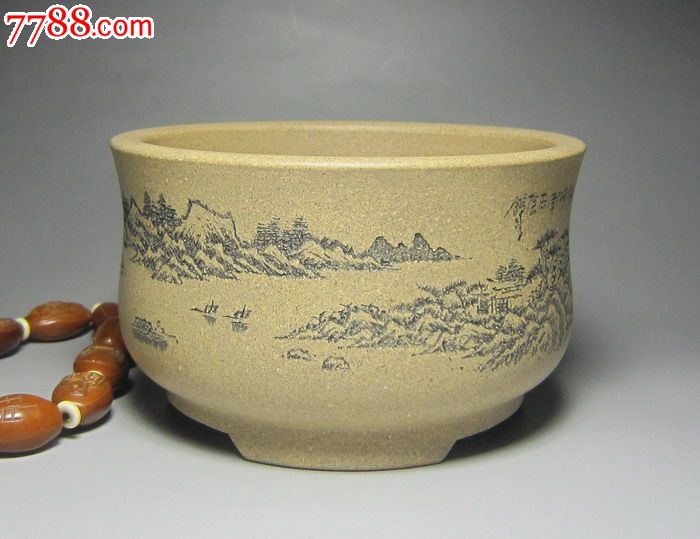 周向红制刻绘山水图段泥金钱孔圆形盆 宜兴紫砂