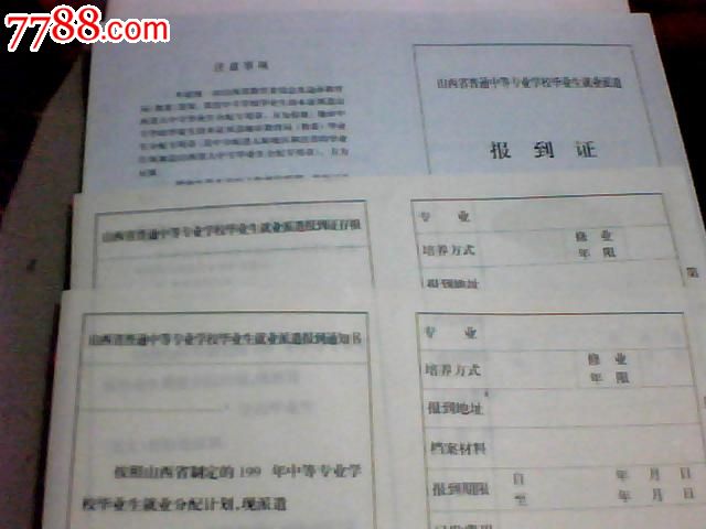 九十年代普通中专就业报到证