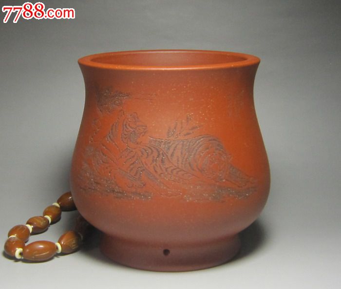 周向红制袁利刻画双虎图红泥鼓腹高圆形盆 宜兴紫砂