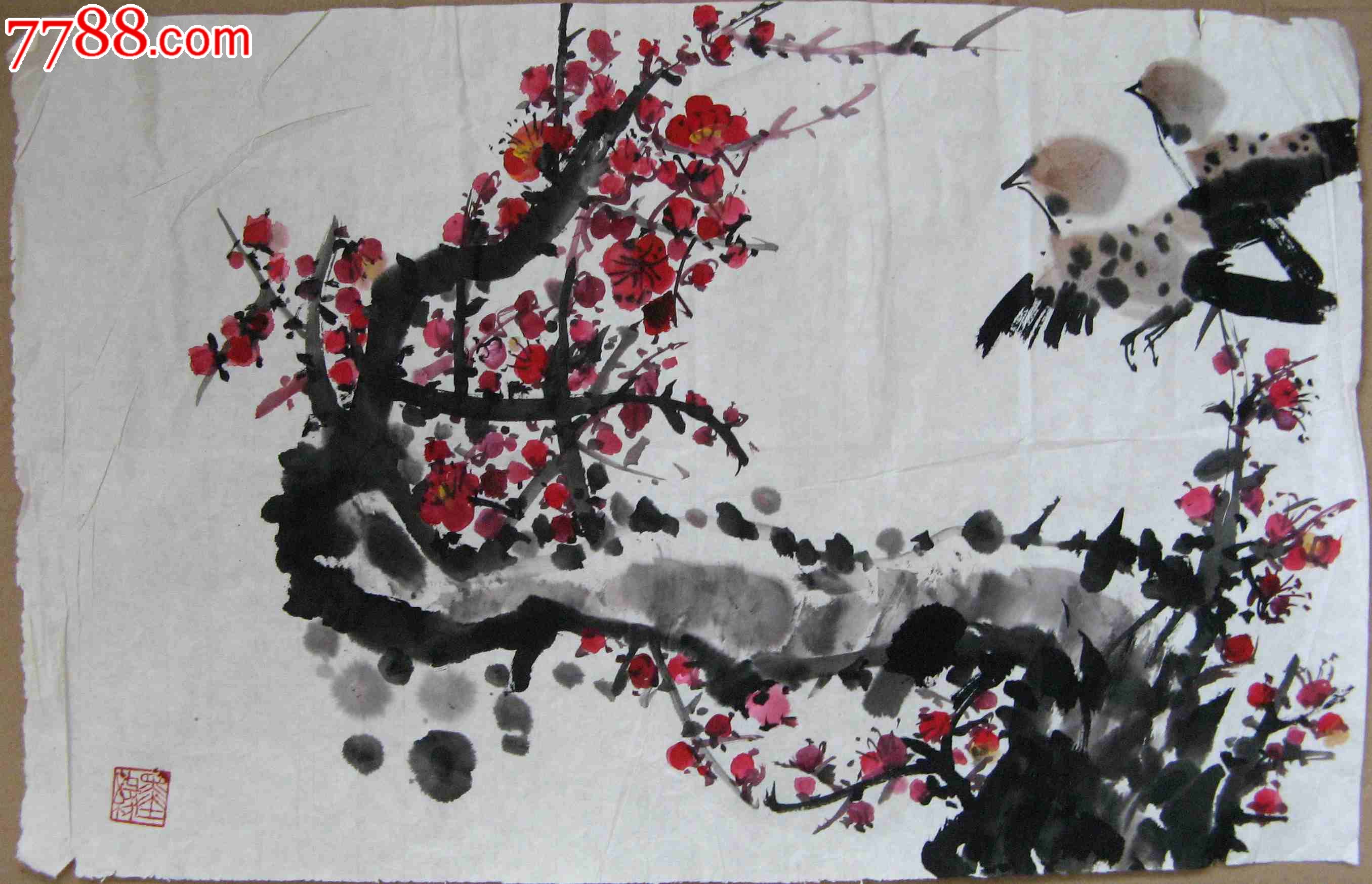 灵动奔放的尺半横幅花鸟画:梅雀闹春