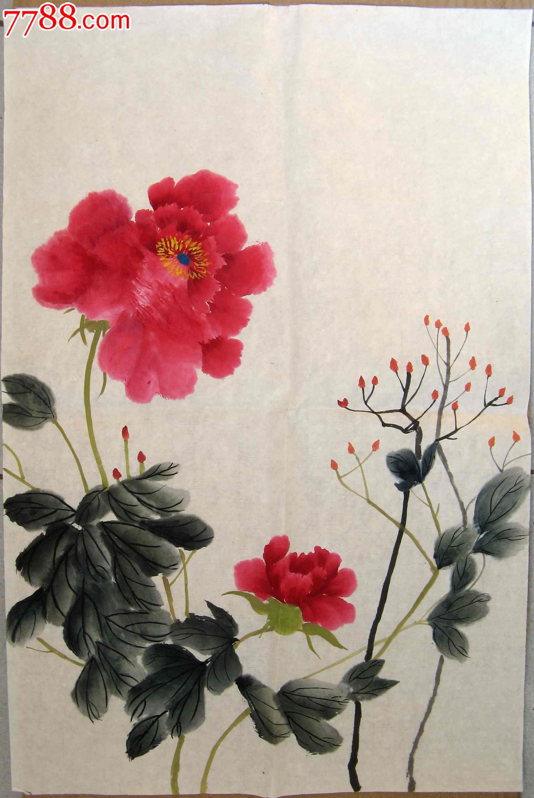 不错的四尺开三条幅无款牡丹画:天香红艳_花鸟国画原作_第1张_7788