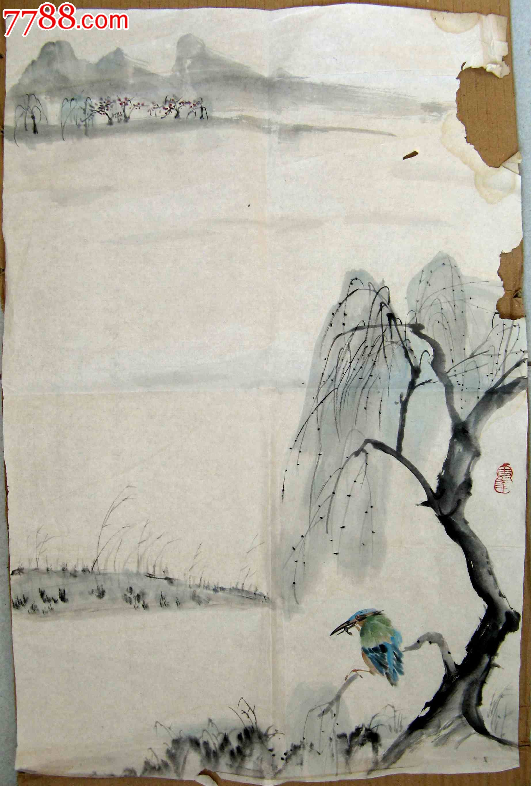 画得不错的四尺开三条幅无款湖鸟捕鱼图-花鸟国画原作--se19864736