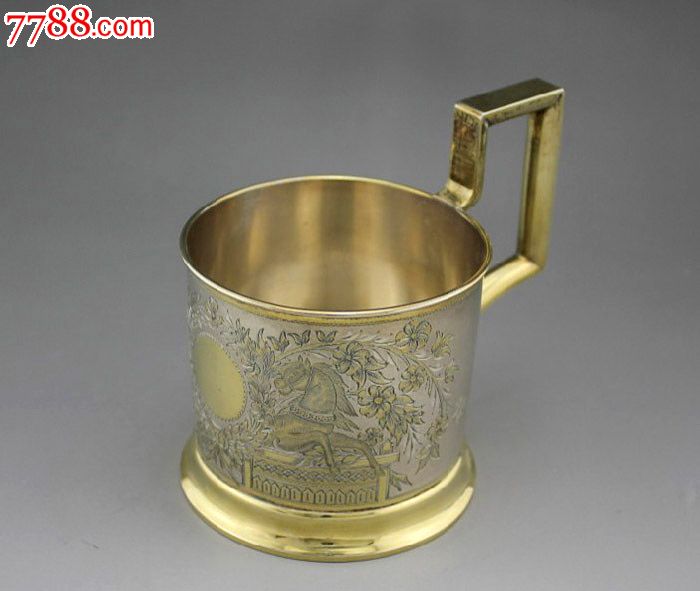 双马奔腾188*年沙皇俄国极美手工錾刻纯银鎏金水杯,西洋古董老银器