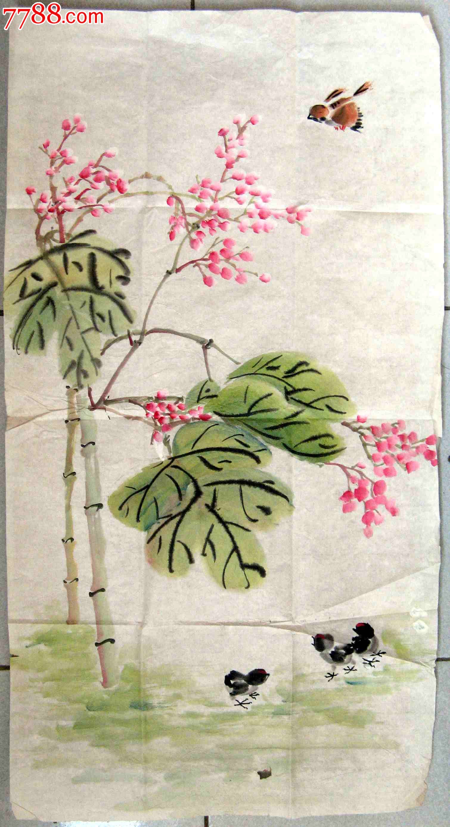 别有情趣的三尺条幅无款花鸟画:鸟语花香