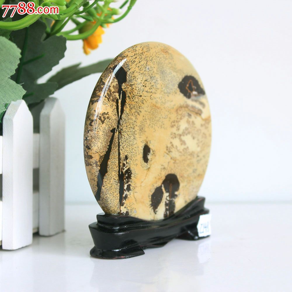 天然奇石草花石国画石图案石办公桌摆件小圆饼小品石收藏z148