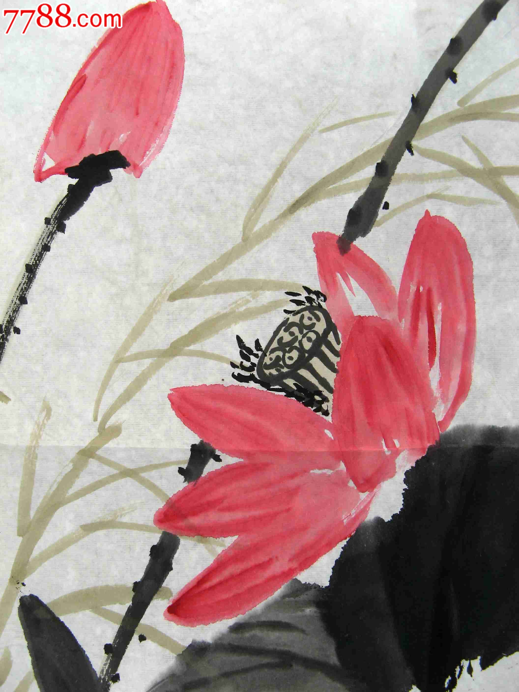 清秀别致的四尺开三条幅无款荷花画_花鸟国画原作_作品欣赏_收藏价值