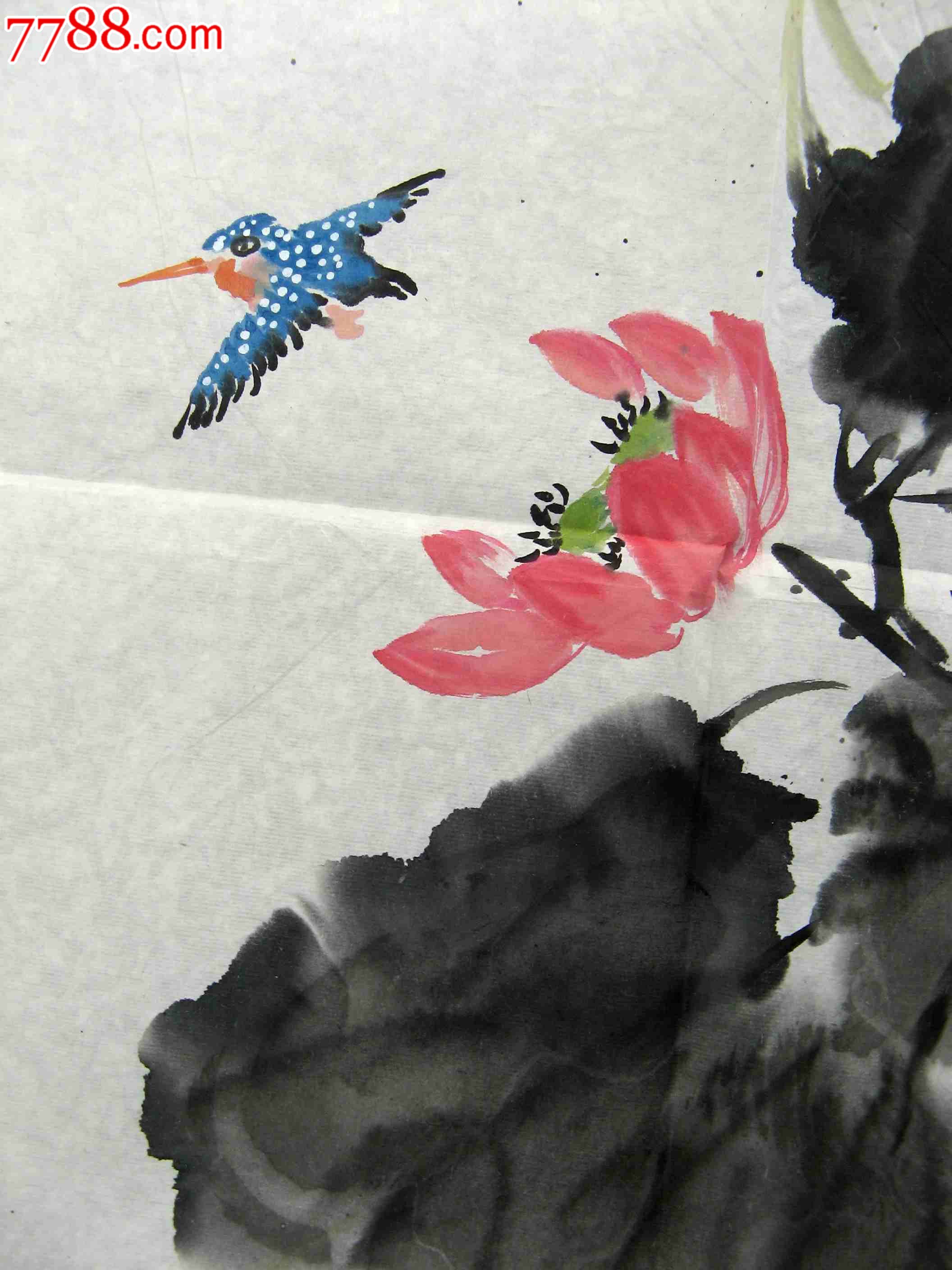 清雅风韵的四尺开三条幅荷花翠鸟画:荷风送香气.