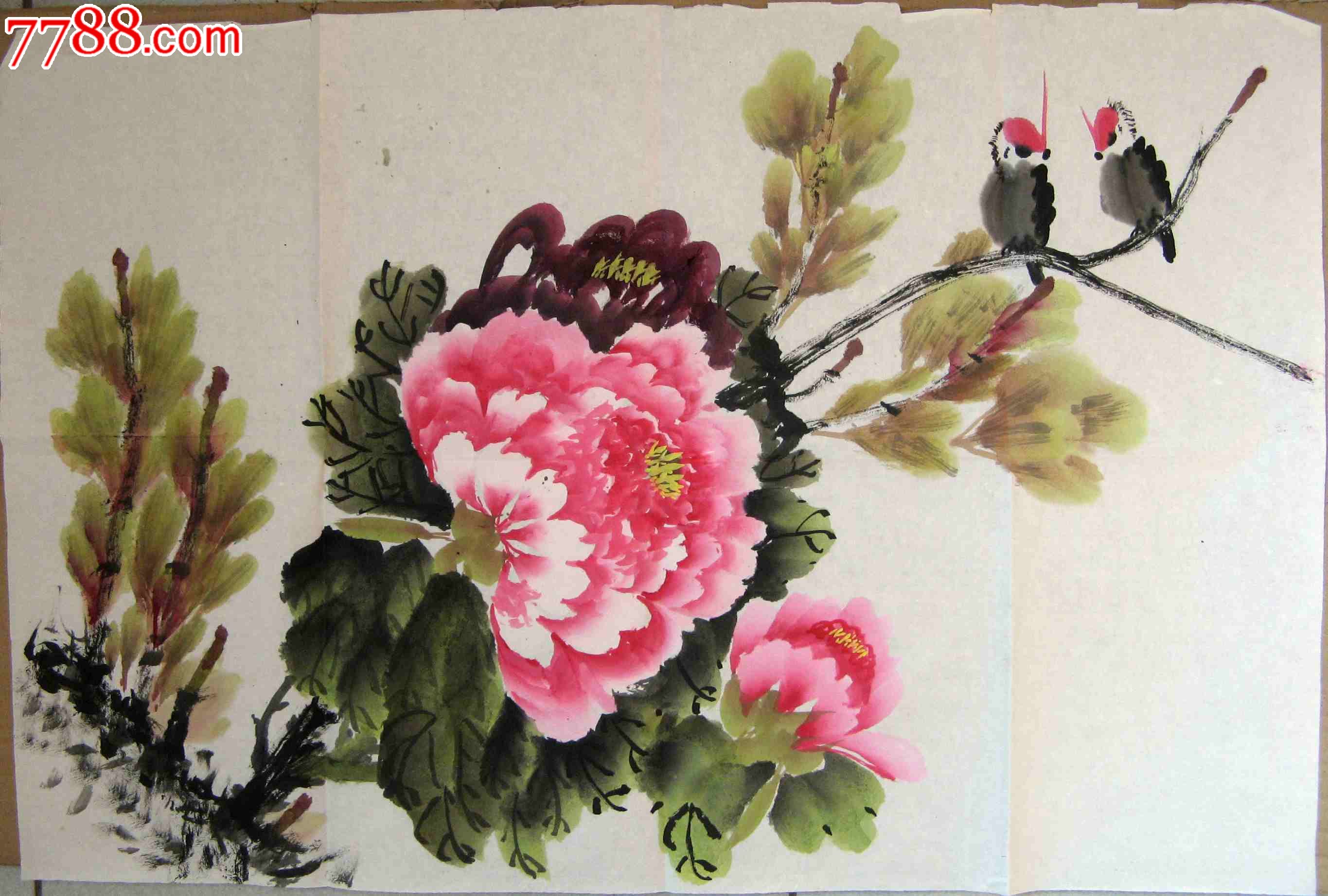 首页 零售 花鸟国画原作 尚可的四尺开三横幅无款牡丹小鸟画滚动