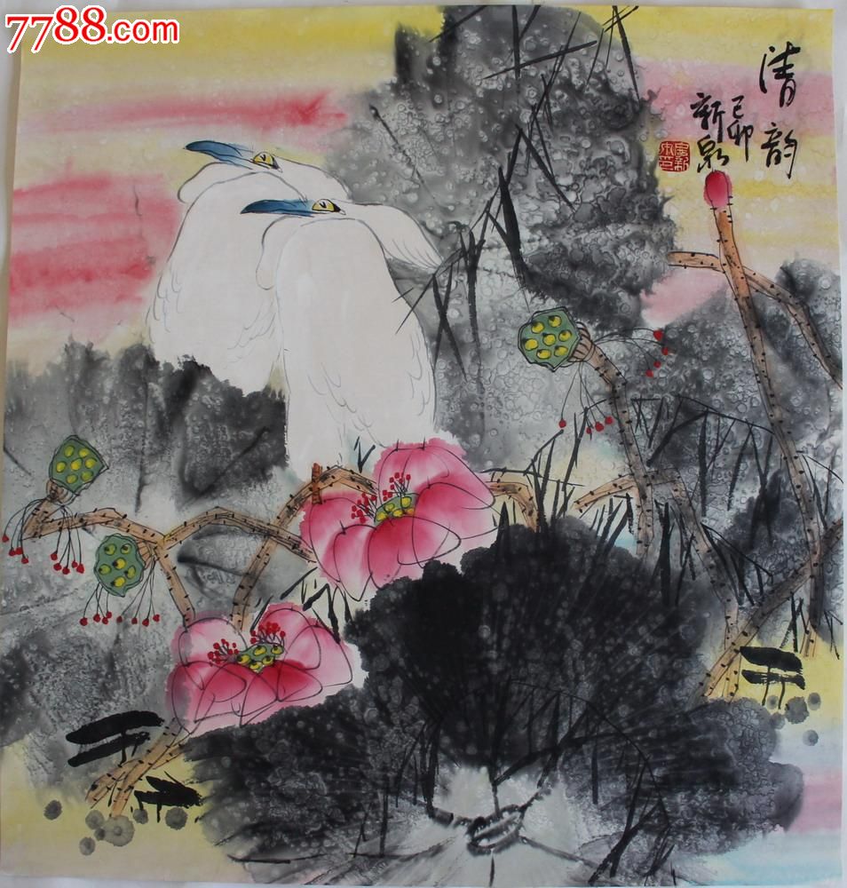 山东画院,房新泉(双鹭图)色彩浓重.朋友藏品-se20399850-花鸟国画原作