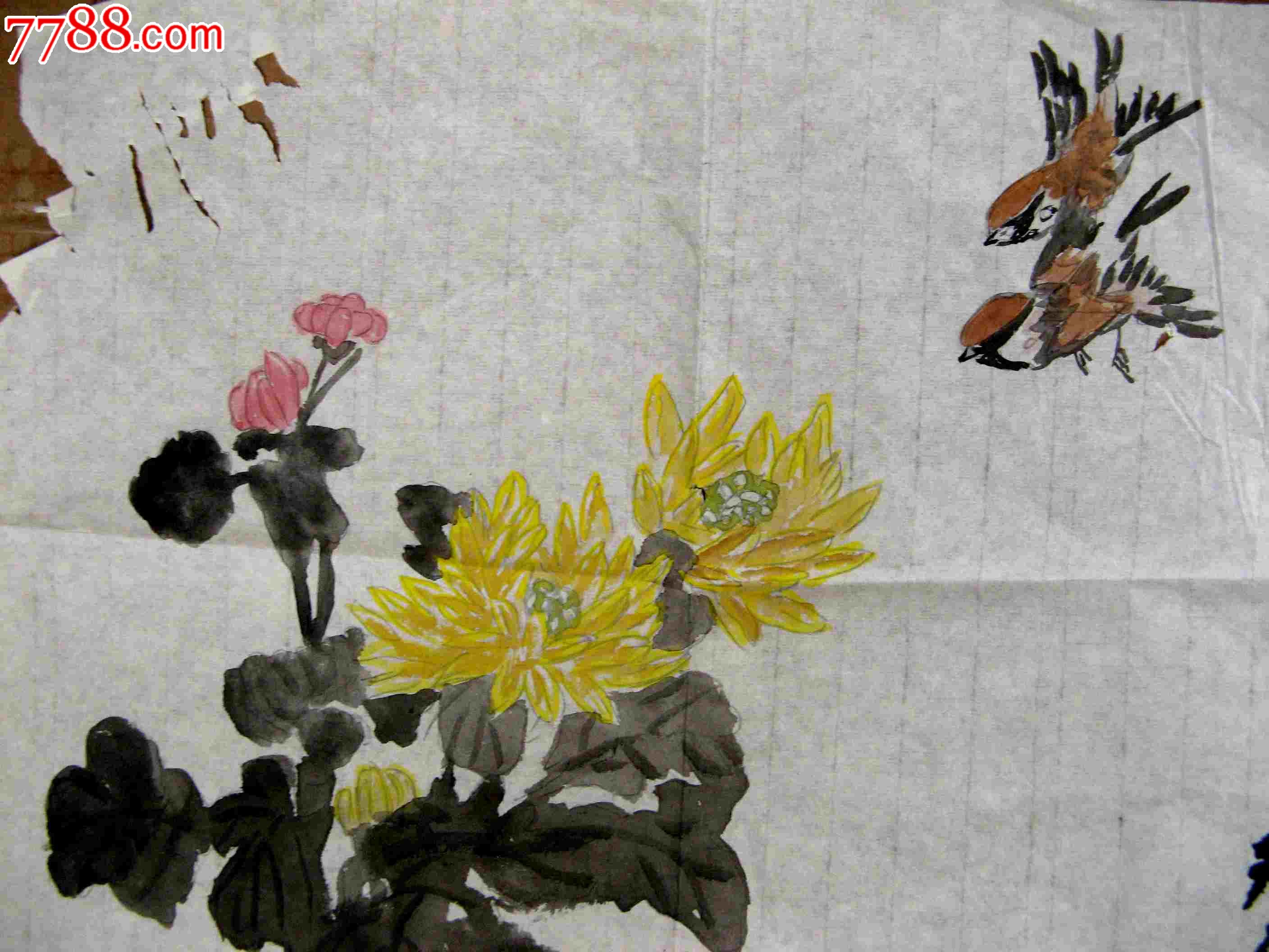 四尺开三条幅秋菊麻雀画《天寒花自香》_花鸟国画原作_亮湖藏苑【7788