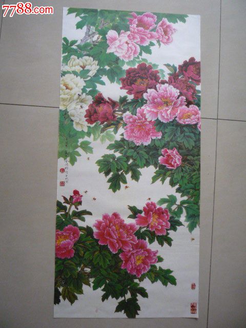 国画宣纸印刷画心金鸿钧作品牡丹