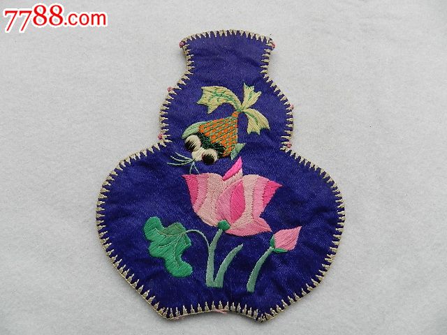 【精美的蓝色底双面工鱼戏莲花卉图葫芦绣片73*]旭祥阁古玩老刺绣