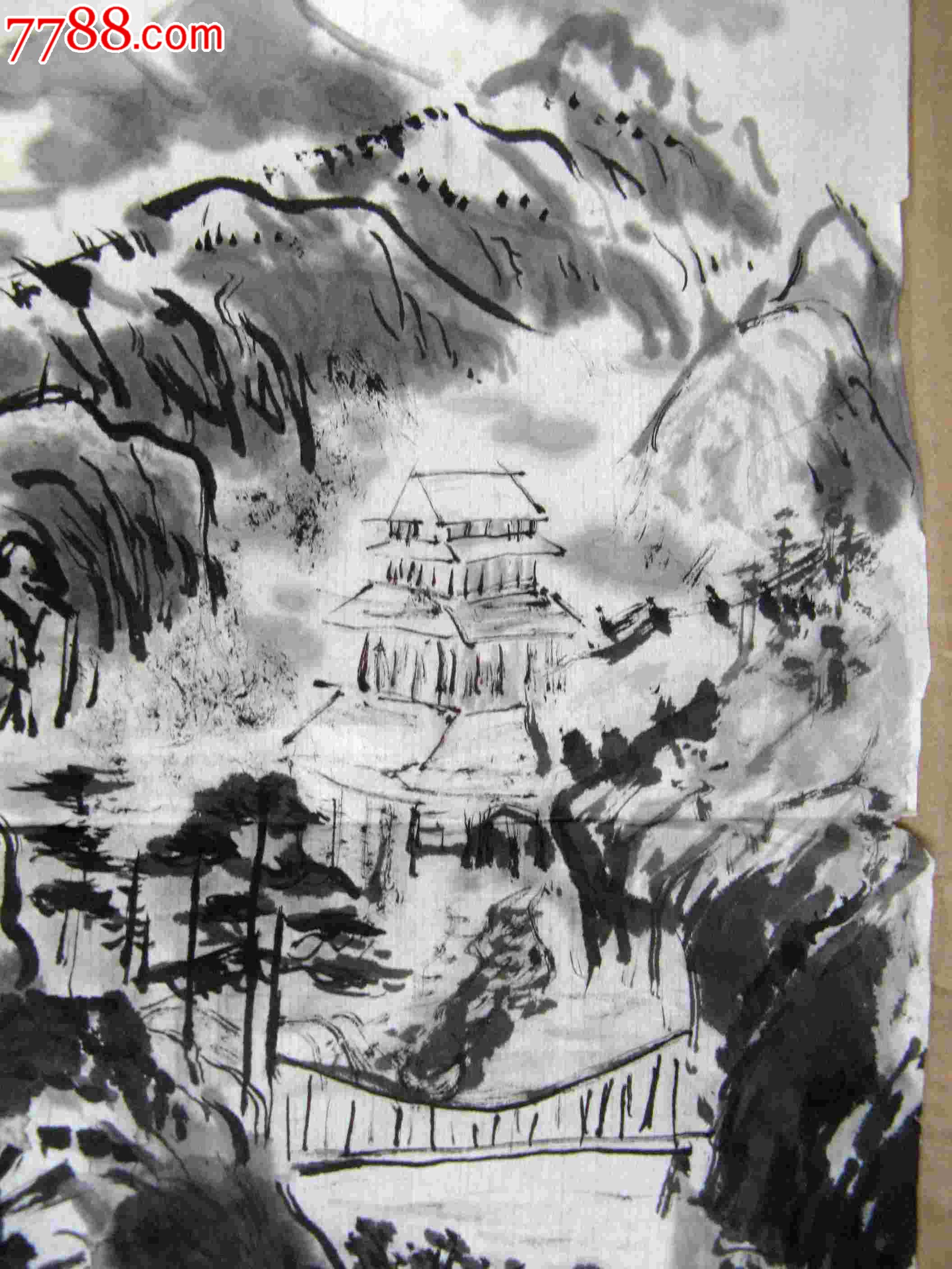 尺半条幅无款水墨山水画:姑苏城外寒山寺,夜半钟声到客船