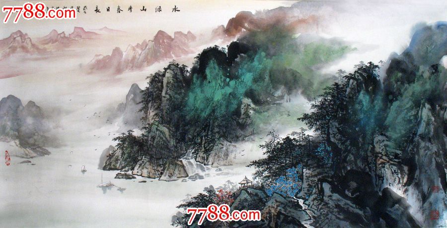 实力派画家张春丽泼彩山水画四尺横幅名人字画送礼收藏