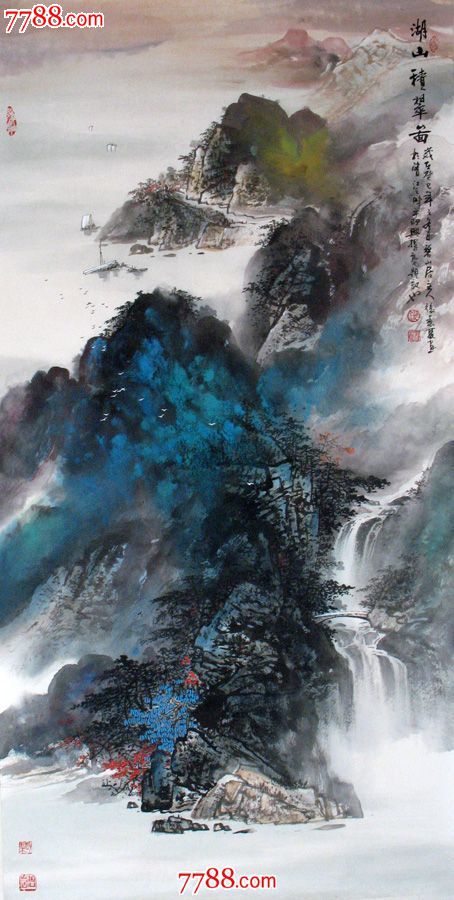 实力派画家张春丽泼彩山水画名人字画四尺竖幅湖山积翠图