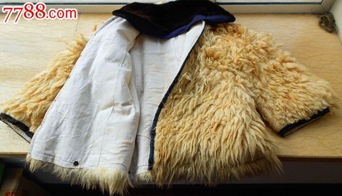 文革前全棉藏青咔叽布可脱卸人民装老羊皮袄收藏穿着两相宜包邮