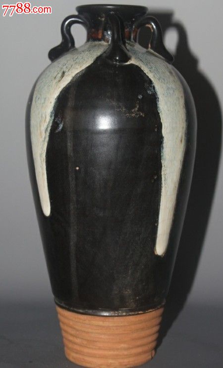 唐鲁山窑黑釉花瓷四系瓶