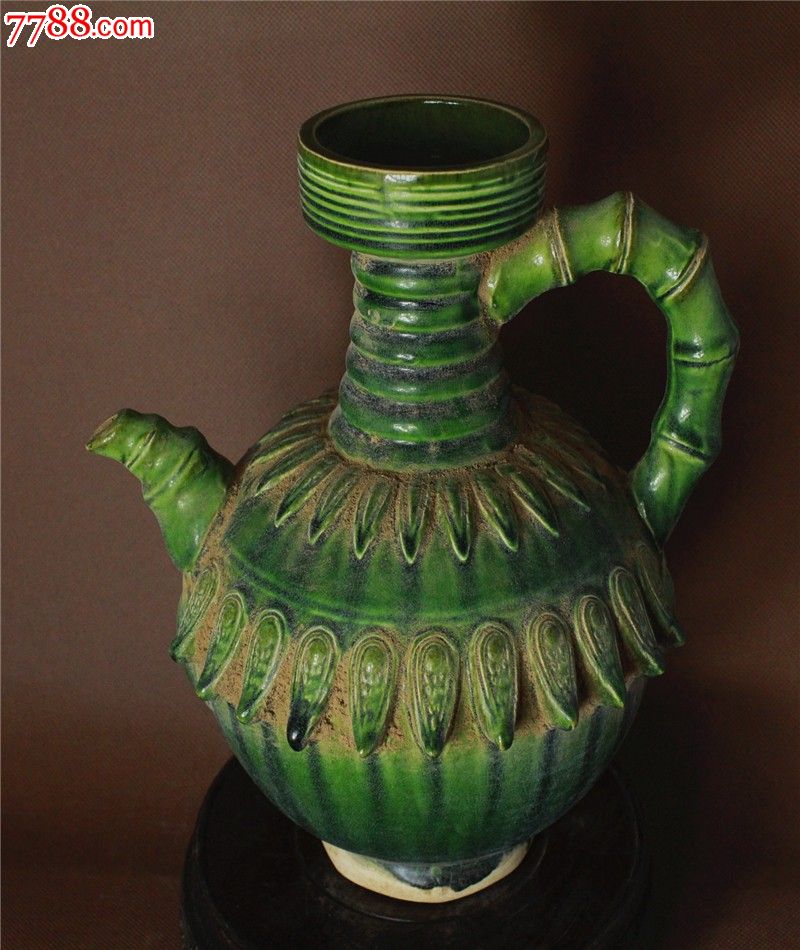 老旧货唐代翡翠绿釉竹节茶壶精品收藏