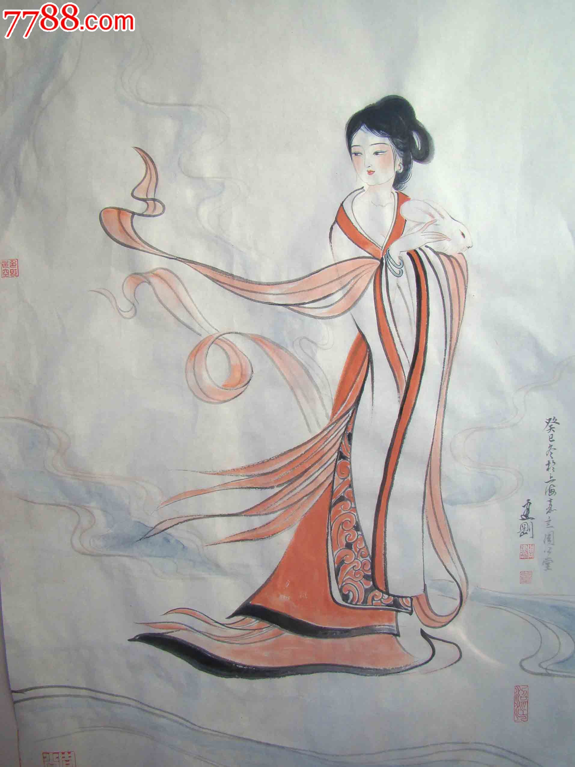 仕女美人画嫦娥玉兔图国画真迹周建刚画