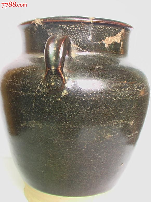 唐代;耀州窑黑釉丰肩缩身---二系罐(保真包老);该器是收藏的好品种