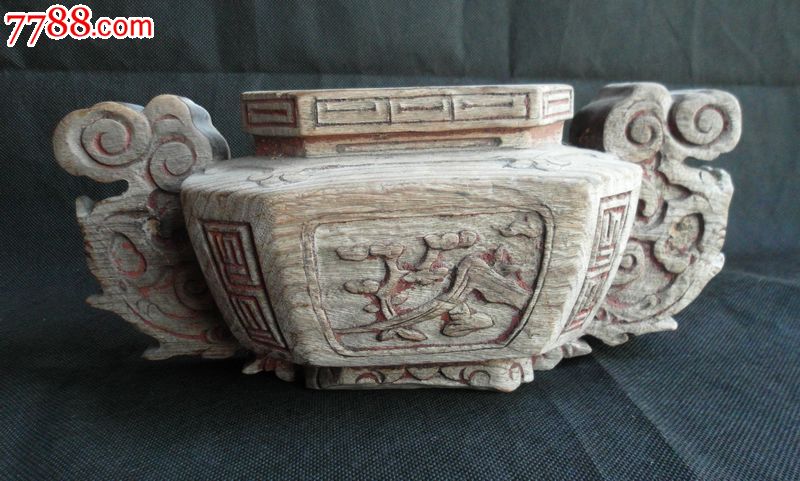 民国银杏木双如意花卉纹门臼