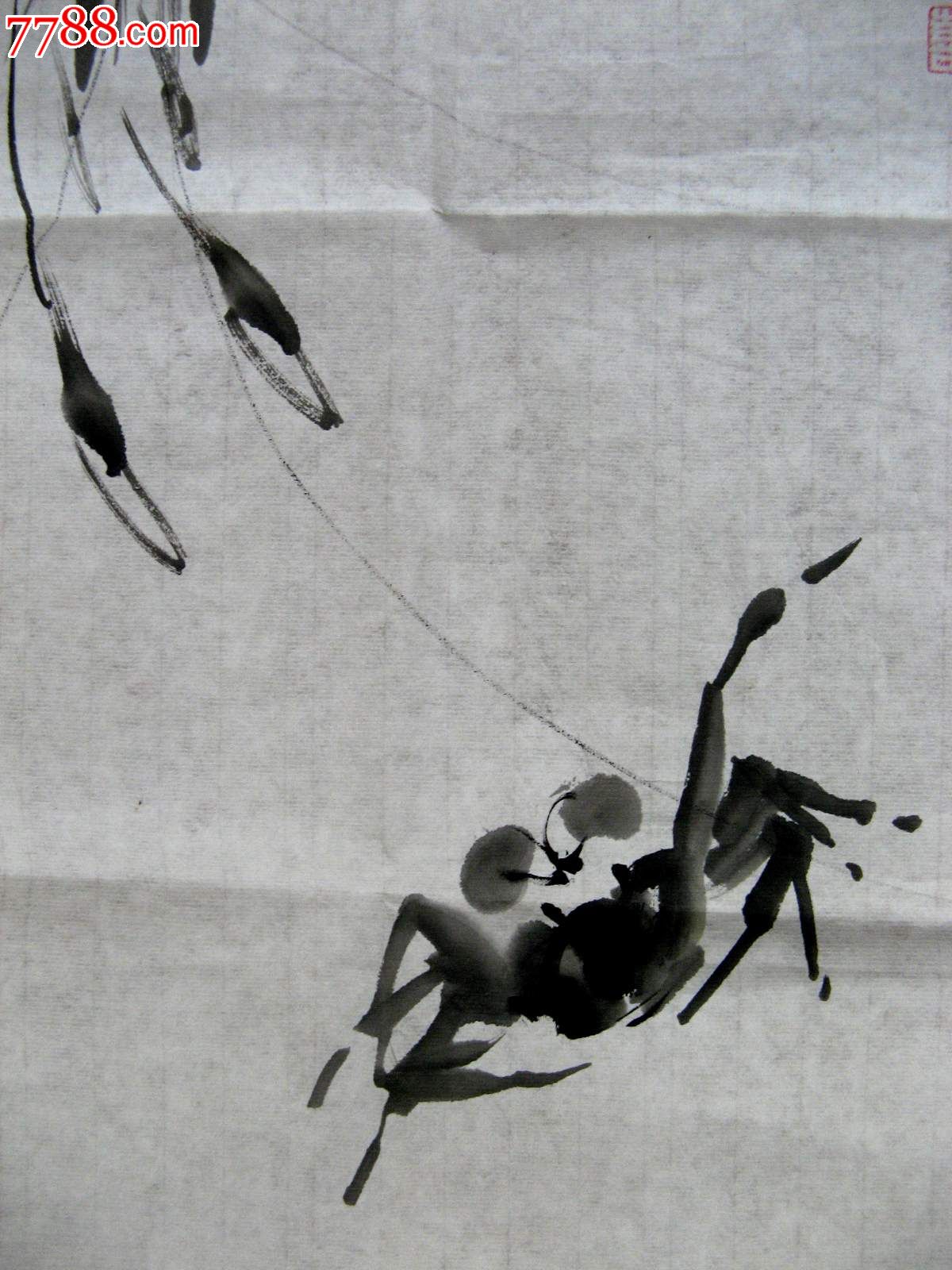 画风疏朗洒脱的四尺开三水墨虾画:游虾戏蟹图