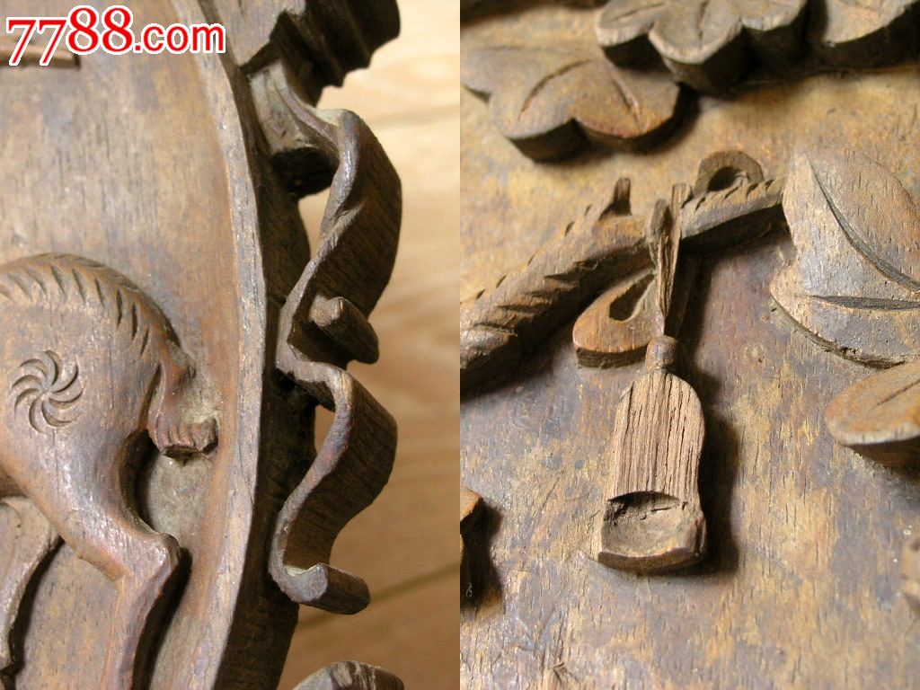 木雕收藏-民国满工浮雕鹤鹿同春木雕板工好寓意吉祥