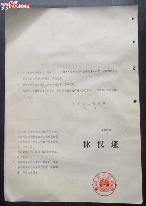 林权证【8开,空白,加盖政府公章】