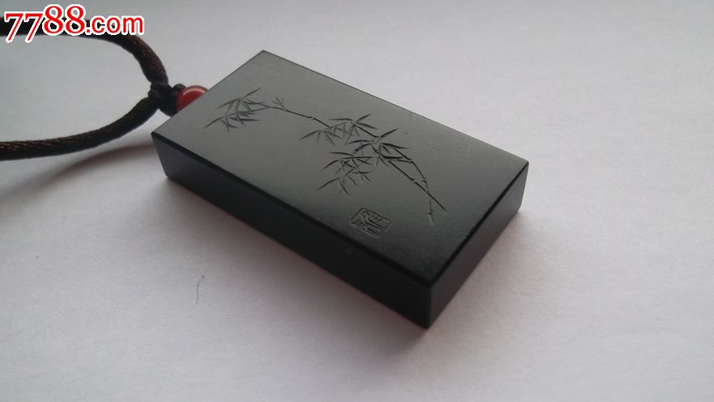 和田玉墨玉阴刻竹牌,细料无结构